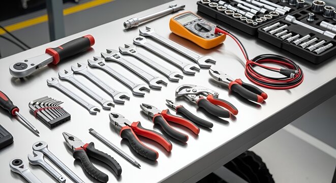 Mechanic Tools Set on Workbench: Wrenches, Pliers, Ratchet, Multimeter