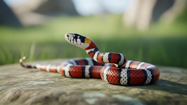 Striking red white and black striped snake on a rock in daylight