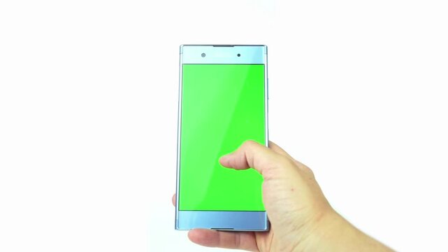 Smartphone with Green Mock-up Screen Doing Swiping Scrolling Gestures Point of View Shot Internet Social Networks Browsing