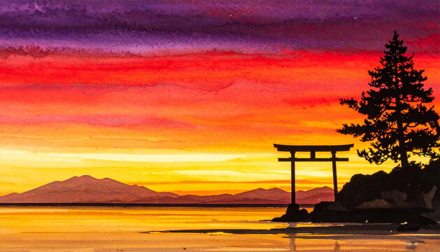 輝く深紅と琥珀色の夕焼け