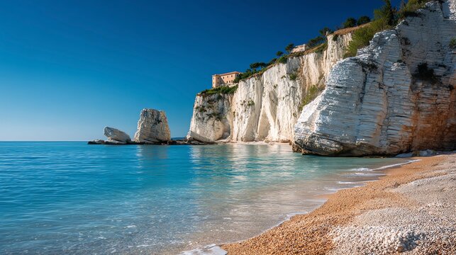 Majestic white limestone cliffs towering over a quiet pebble Vignanotica beach on the Gargano coast, Apulia, Italy