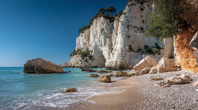 Majestic white limestone cliffs towering over a quiet pebble Vignanotica beach on the Gargano coast, Apulia, Italy