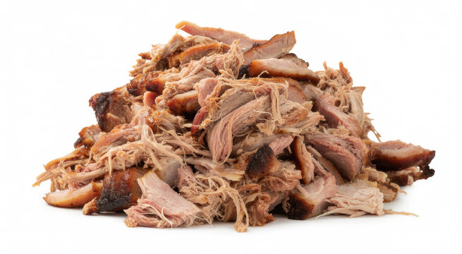 Pile of shredded slow cooked pulled pork meat with crispy charred edges isolated on white background