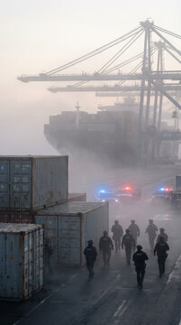 Law enforcement officers conducting a human trafficking bust at a foggy shipping port, with containers and cranes silhouetted against the dawn light