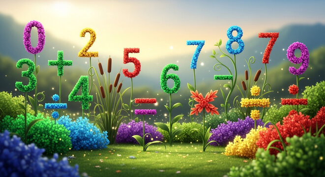 colorful concept of numbers and math symbols with whimsical style, vibrant colors, soft lighting, high detail, educational and fun, clean composition
