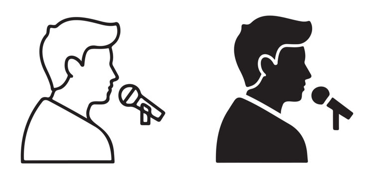 Black and white line icon of man talking on microphone Vector, illustration