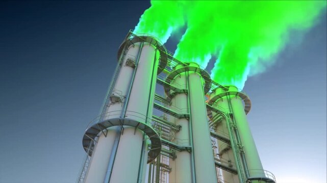 幾何学グリッドから構築されるセラミック製工業プラントと緑色フレアの点火タイムラプス