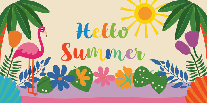 Colorful summer greeting with flamingo palm leaves and sun illustration high quality professional detailed modern
