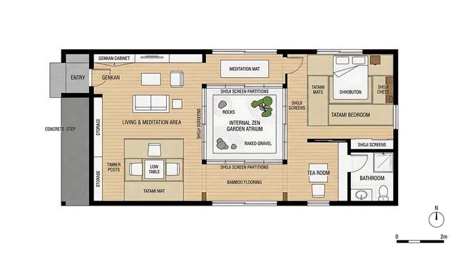 Floor Plan of a Modern House: A detailed floor plan showcasing the layout of a modern residential property, including living areas, bedrooms, and a central courtyard with a garden and stream.