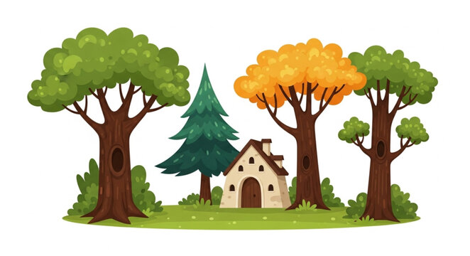 Charming cottage nestled among diverse trees in a whimsical forest setting.