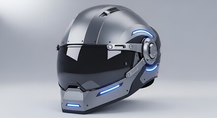 Fototapeta premium Futuristic Motorcycle Helmet with Blue LED Lights, Sci-Fi Design