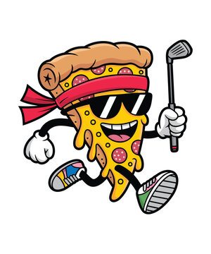 Cheerful pizza slice cartoon character running enthusiastically with a golf club, wearing cool shades and a red headband, ready for a sporty day.