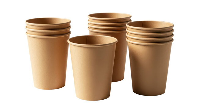 Stack of four brown paper cups on black background beige