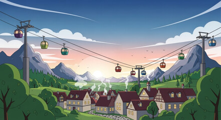 Cartoon Village with Cable Cars in Mountains at Sunset. © Melinda