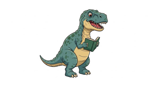 Cartoon Tyrannosaurus Rex dinosaur reading a book.