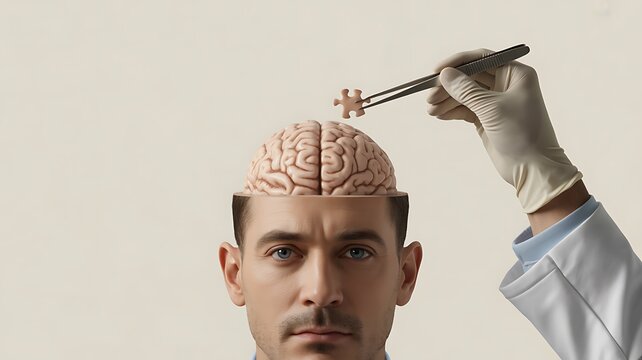 Surgeon places puzzle piece into open human brain of a man
