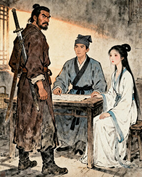 Chinese Scholar Ghost Woman and Swordsman Planning a Rescue Before Daw