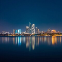 Naklejka premium Modern Colombo city skyline at night reflecting in Beira Lake