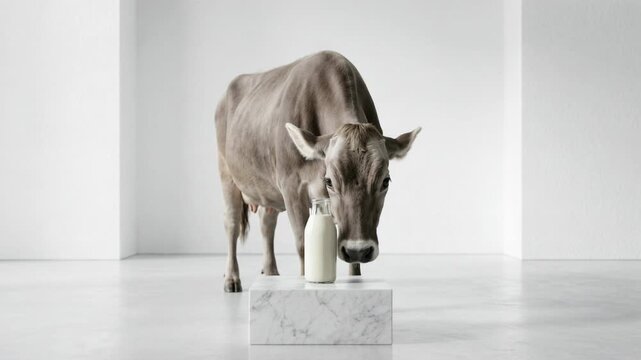 Cow and fresh milk bottle in minimalist white studio setting