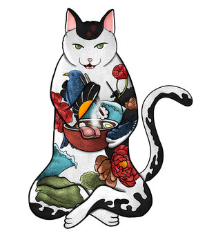 Japanese Tattoo Cat Eating Ramen Noodles with Traditional Irezumi Art