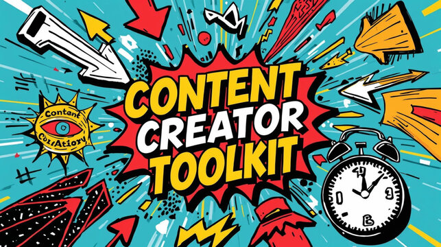 Comic book style content creator toolkit banner, retro pop art explosion background, vibrant social media marketing vector illustration