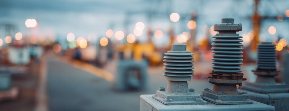 Power plant equipment with blurred city lights in the background  