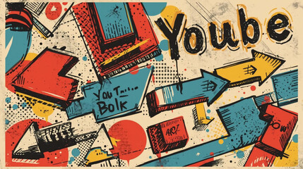 Fototapeta premium Vintage pop art graffiti background, retro comic style illustration with arrows and abstract shapes, urban street art vector with grunge texture