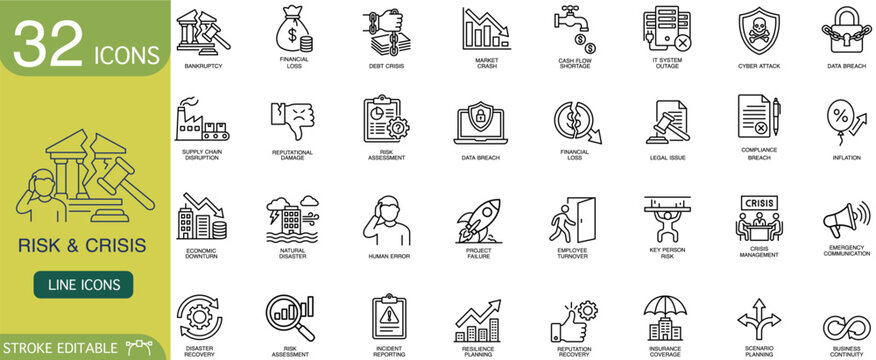 Risk crisis icon set line business security finance compliance outline collection of simple symbol, suitable for presentation, infographic, website interface, corporate report, dashboard