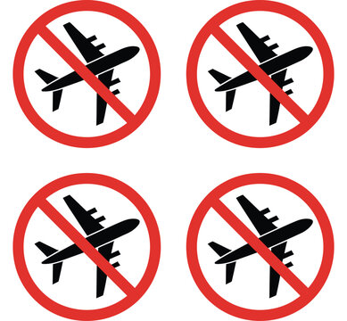 No Fly zone signs with airplane symbols, restricted airspace prohibition icons, modern flat vector illustration for airport safety, aviation control and warning systems.