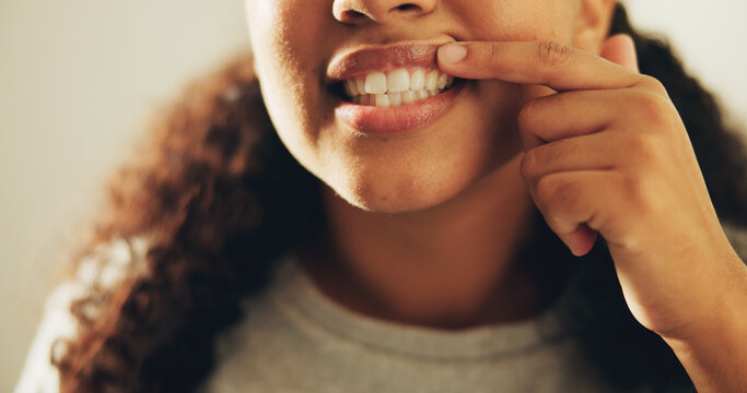 Dental, woman or mouth in bathroom with check, hygiene results or tooth wellness in orthodontics. Dentistry, cleaning and person in house with inspection, teeth whitening and gum health in oral care.