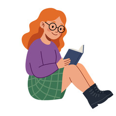 Cartoon redhead girl sitting reading book glasses flat design vector illustration