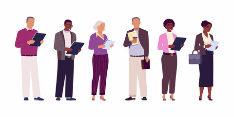 Fototapeta premium Diverse group of seven business people standing in a row vector illustration on white background