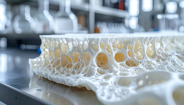3D printed synthetic bone scaffold structure showing complex porous architecture in a scientific medical laboratory setting macro photography