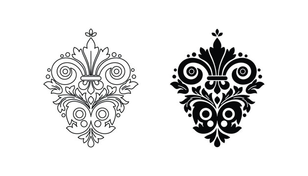Ornamental flourish design vector set with scrolls and leaves in black and white line and solid silhouette styles for vintage and classic decorative graphic arts and border projects