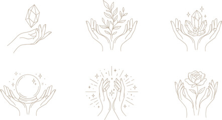 Spiritual hands line art vector set with crystals plants moon rose and energy symbols minimalist boho wellness illustration collection © Danial