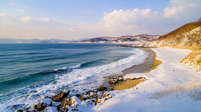 Winter beach scene with frosty waves meeting the shoreline icy rocks and snow covered sand dunes creating a unique and serene view of the ocean during the winter season