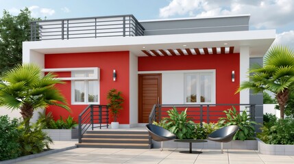 Fototapeta premium Modern red house exterior featuring tropical landscaping and patio