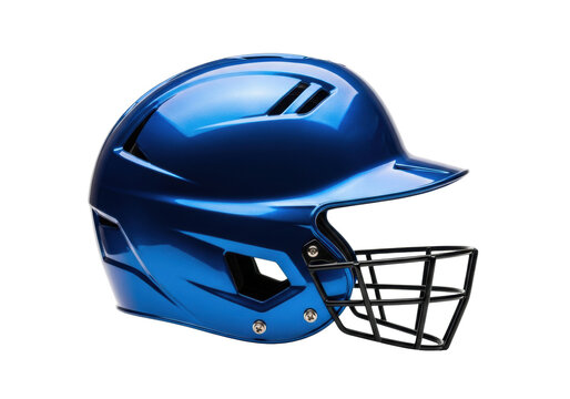 Ultra-glossy metallic royal blue baseball batting helmet with robust matte black faceguard, side profile shot on a transparent background, high-performance technology. Concept for commercial product