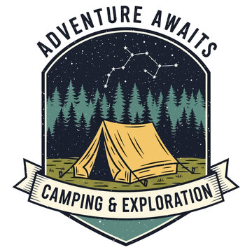 Premium vintage camping mountain vector label featuring a retro grunge shield design and summer holiday badge for premium quality outdoor poster decoration