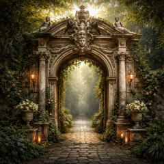 Fototapeta premium Ornate Stone Archway in a Magical Forest