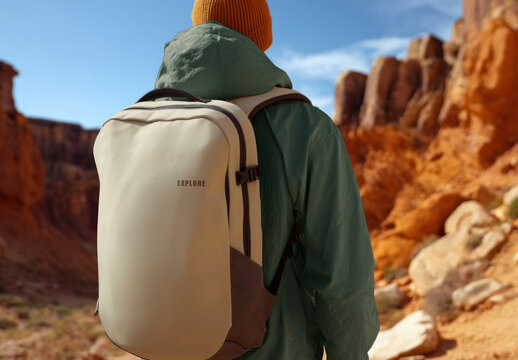 Backpacker Exploring Rugged Canyon Landscape With Backpack Mockup PSD
