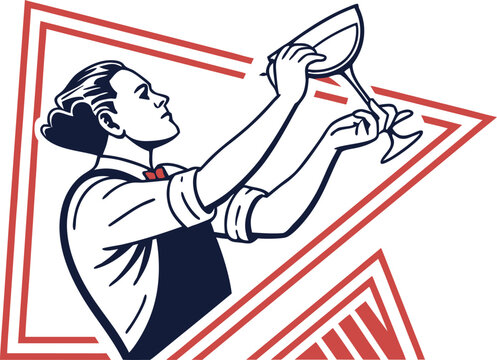 Professional bartender mixing a cocktail at a luxury bar. Flat design bartender character serving drinks illustration. Male mixologist shaking a cocktail shaker vector graphic. Barman at work pouri