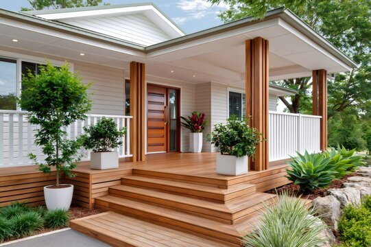 Modern house front porch with wooden deck and columns
