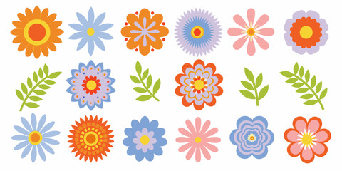 Fototapeta premium Collection of colorful stylized flowers and leaves flat vector illustration on white background high quality
