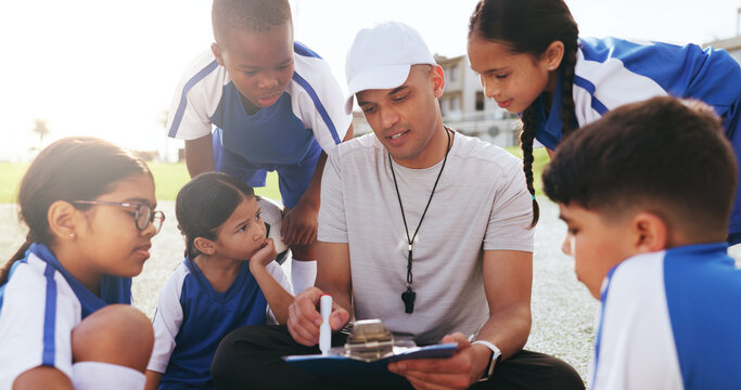 Man, coach and clipboard with children for soccer schedule, formation planning and training session. Person, checklist or kids for fitness attendance, coaching strategy and tactics for football match
