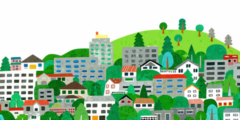 Fototapeta premium watercolor illustration of a hillside town with colorful buildings and green trees high quality professional