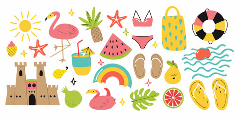 Colorful summer illustration with flamingos sandcastles and tropical fruits on a white background high quality © Shamal