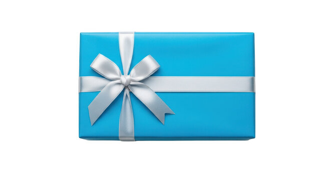 Blue gift box with silver ribbon and bow