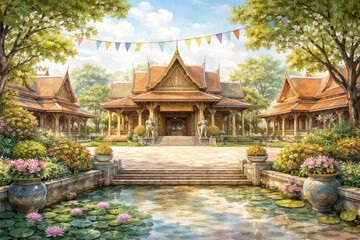 Fototapeta premium Traditional Thai Temple Complex with Lotus Pond and Festive Flags