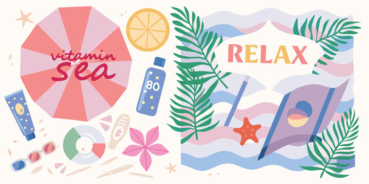 Summer beach illustration with tropical leaves sunscreen and handwritten typography high quality professional detailed modern